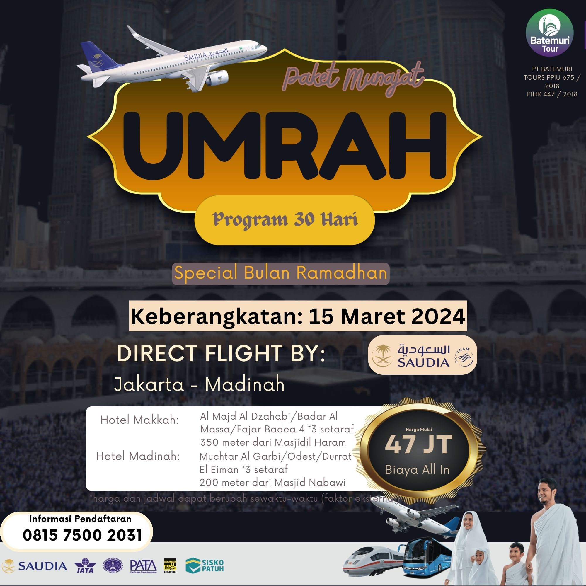 Umrah Full  Ramadhan 1445 H –Super Promo ,Khazzanah Tour, Paket 30 hari, Keberangkatan 15 Maret 2024